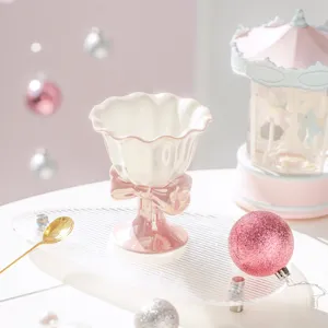 Pink ceramic ice cream cup with bow high-footed dessert bowl cute aesthetic table decor