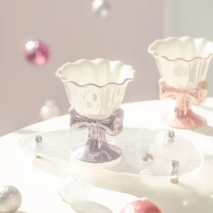 Bow ceramic ice cream cup, elegant dessert bowl and goblet for home kitchen and party use.