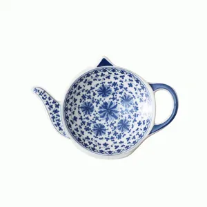 Ceramic teapot shaped tea bag dish blue and white floral porcelain saucer for kitchen