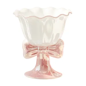 Ceramic ice cream cup with bow and ruffled rim, cute dessert bowl and goblet for home use.
