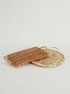 Handgeflochtenes Rattan Tablett Set, runde und rechteckige Obst Snack Tabletts mit Griffen.