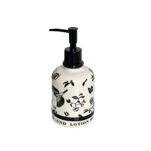 Ceramic soap dispenser bottle with Chinese style floral bird pattern and black pump