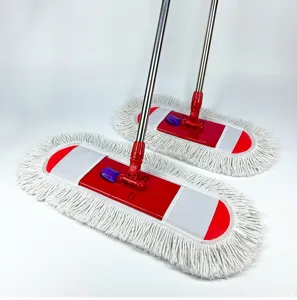 Flat dust mop detail view with stainless steel handle and wide red base for cleaning.
