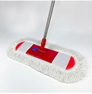 Detailed view of large flat dust mop with red base and white fringe head for floor cleaning.