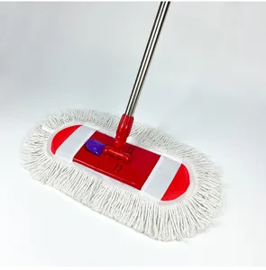 Large flat floor mop with cotton fringe and stainless steel handle for home and hotel use