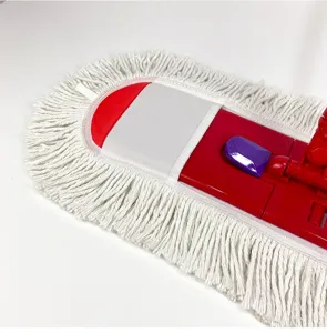 Detailed close-up view of a large flat dust mop replacement head featuring a durable red base.