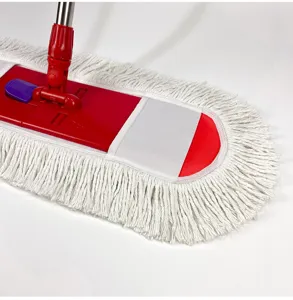 Large flat dust mop with white cotton fringe and red plastic base for efficient home cleaning.