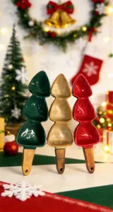 Christmas tree ceramic snack serving dish with wooden handle for candy and fruit items