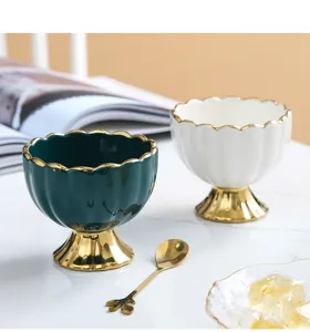 Ceramic high footed dessert bowl set, luxury gold trim ice cream yogurt bowl for kitchen table.