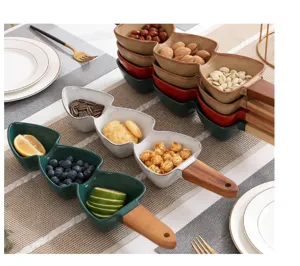 Christmas tree ceramic snack serving dish with wooden handle for fruits and nuts dessert