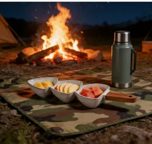 Camping 3-compartment ceramic serving dish with wooden handle, ideal for snacks and fruits.