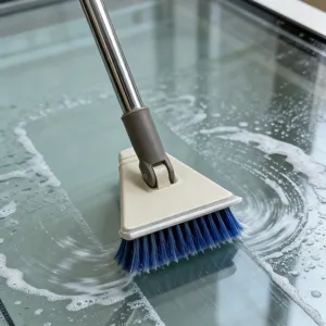 Triangle cleaning brush detail showing blue bristles and stainless steel handle cleaning glass.