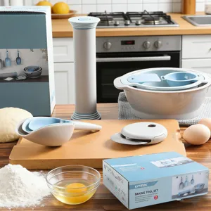 Ensemble d'outils de pâtisserie de cuisine avec rouleau à pâtisserie et bols mesureurs.