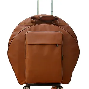 Borsa trolley professionale rotonda per piatti di batteria con ruote e spallacci marrone.