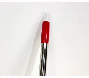 Detailed shot of the flat mop stainless steel handle with red grip and hanging hole cap.