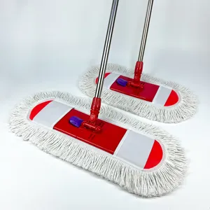 Detailed view of large flat mop with red base and white fringe dust mop head for cleaning.
