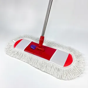 Detailed view of large flat dust mop with fringe head and stainless steel handle for home.