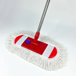 Detail view of the flat mop head with white fringe and durable stainless steel pole.