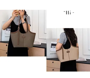 Women canvas leather patchwork tote bag, large capacity casual commuter shoulder bag.