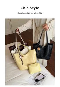 Minimalist woven soft leather tote bag large capacity casual shoulder handbag for women