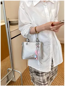 Silver woven bucket bag stylish fashion shoulder crossbody handbag for women commuting