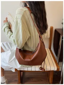 Brown leather shoulder bag for women chic hobo dumpling bag casual stylish underarm crossbody bag