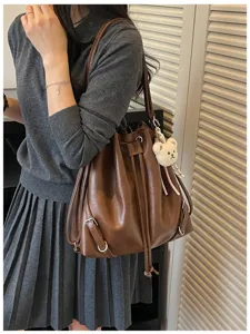 Bolso bombonera vintage de cuero PU marrón mochila casual elegante diaria para mujer