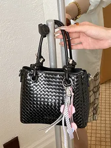 Women Woven Bucket Bag PU Leather Fashion Casual Shoulder Crossbody Bag Handbag With Pendant