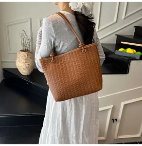 Casual brown woven tote bag for women, large capacity minimalist shoulder bag for autumn style.
