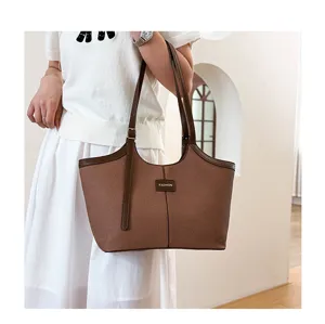 Women commute shoulder tote bag large capacity fashion brown PU leather casual handbag