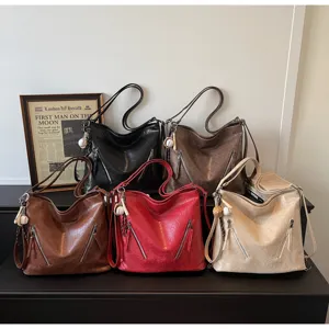 Commuter style soft leather tote bag, large capacity retro shoulder bag with zipper details.