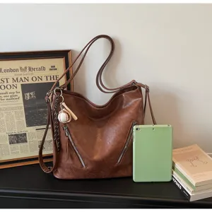 Vintage brown leather tote bag casual women's shoulder bag large capacity daily commute