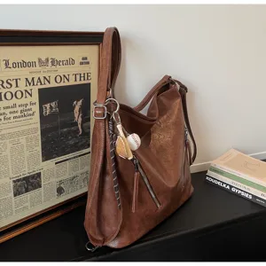 Large capacity vintage brown PU leather tote bag, casual commuter shoulder bag with baseball charm.