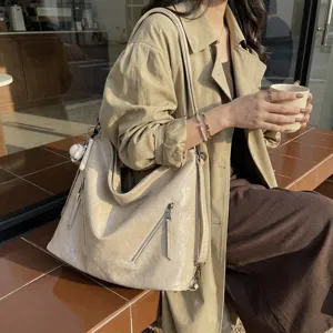 Casual commuter tote bag for women, large capacity minimalist shoulder bag in beige style.