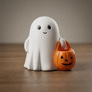 Close-up of a cute white ghost figurine holding a mini pumpkin basket for Halloween