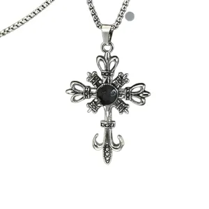 Antique silver Gothic punk cross pendant necklace with a faceted black gemstone inlay