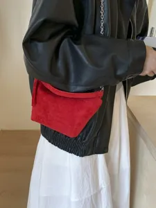 Red suede crossbody dumpling bag for women, stylish vintage chain shoulder purse for autumn.