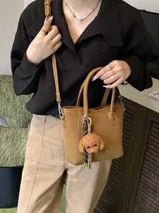 Koreanische Mode Damen Tote Bag lässige PU Leder Umhängetasche mit süßem Hunde Anhänger