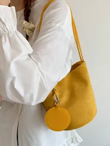 Yellow suede shoulder bucket bag for women, soft chic minimalist casual underarm handbag.