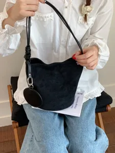 Black suede bucket bag for women, chic hobo shoulder bag with round pouch charm daily use.
