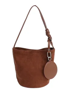 Women brown suede bucket bag casual versatile shoulder bag with small pouch daily chic
