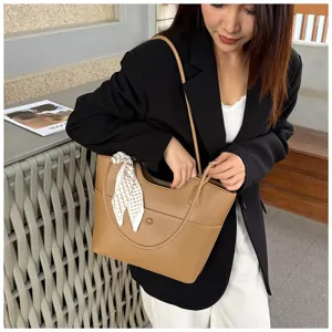Large capacity tote bag for women, stylish casual autumn commuting shoulder bag with chic scarf.