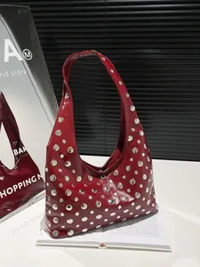 Women Fashion PU Leather Rivet Hobo Shoulder Bag Casual Chic Solid Color Trendy Underarm Purse Handbag For Daily Travel