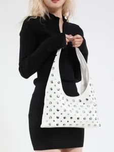 Stylish white studded shoulder hobo bag, chic metallic dot design for women fashion.