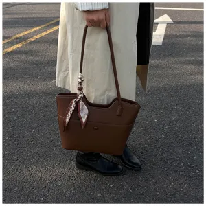Large capacity brown tote bag with stylish scarf decor, premium PU leather casual shoulder handbag.