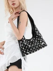 Black glossy leather shoulder hobo bag for women with metallic studs rock cool style