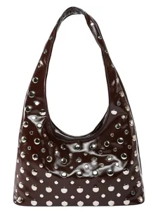 Brown patent leather shoulder bag with silver metal studs chic hobo underarm handbag for women