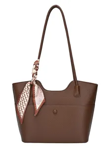 Women large capacity brown tote bag casual leather shoulder bag with chic scarf decor