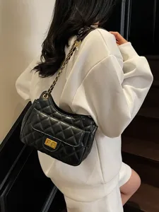 Black quilted chain shoulder bag for women, classic flap crossbody bag with turn lock.
