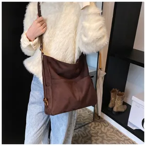 Borsa a tracolla marrone in tela retrò donna grande capacità borsa tote casual autunnale